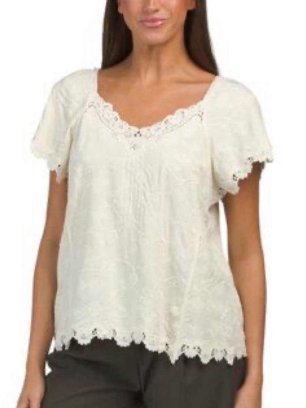 Democracy Cream Eyelet Lace Scoop Neck Flutter Sleeve Top - Picture 1 of 11